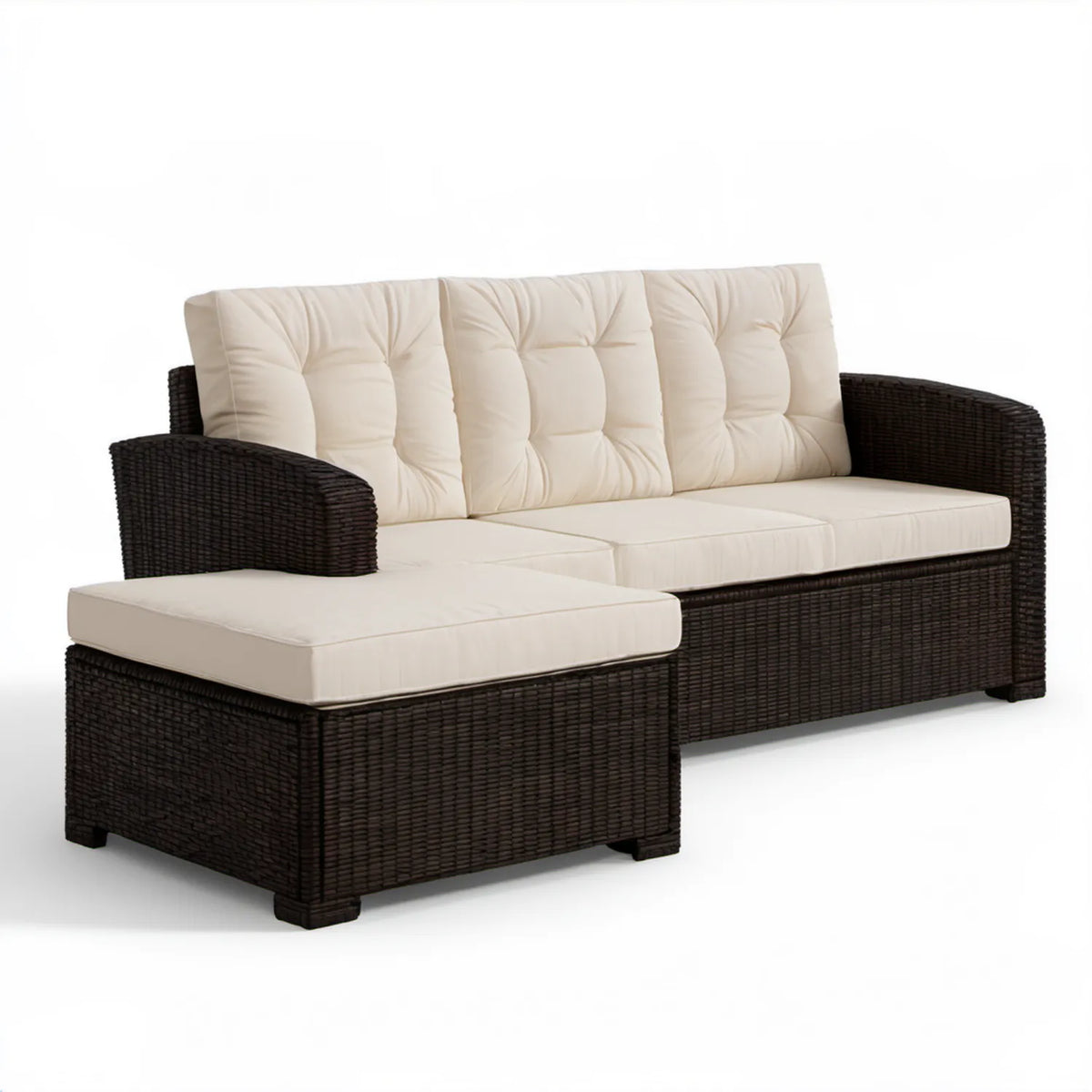 Narożna sofa ogrodowa z leżanką lewostronną 210 x 140 x 85 cm, ciemnobrązowa/kremowa