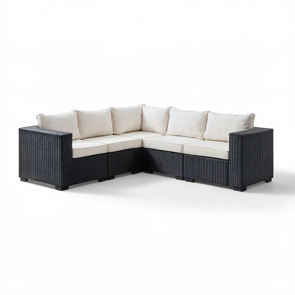 5-osobowa narożna sofa ogrodowa z technorattanu PE, czarno-kremowa, 220 × 220 × 65 cm