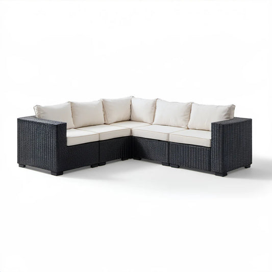 5-osobowa narożna sofa ogrodowa z technorattanu PE, czarno-kremowa, 220 × 220 × 65 cm