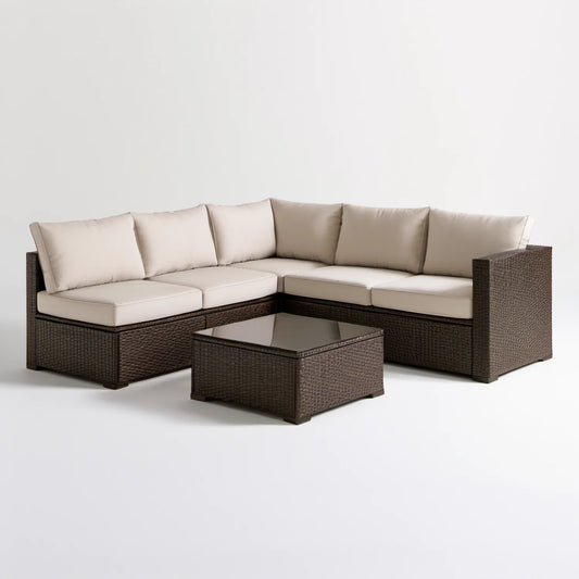 Narożny zestaw wypoczynkowy z technorattanu PE ze stolikiem, brązowo-beżowy, sofa 220 × 220 × 65 cm, stolik 80 × 50 × 35 cm