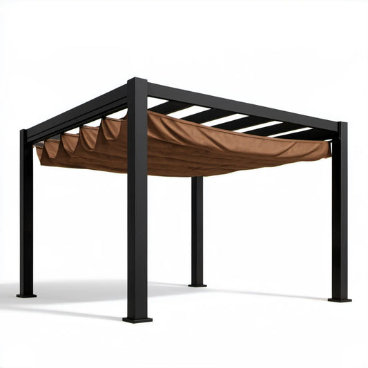 Pergola ogrodowa 300 x 400 x 220 cm czarna z brązowym przesuwnym zadaszeniem poliestrowym